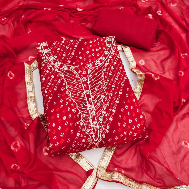 red unstitched print handwork with bandhani printed dupatta jam dress material