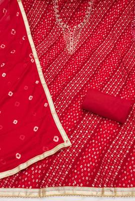 red unstitched print handwork with bandhani printed dupatta jam dress material 2