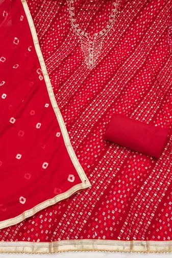 red unstitched print handwork with bandhani printed dupatta jam dress material