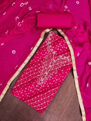pink unstitched print handwork with bandhani printed dupatta jam dress material 4