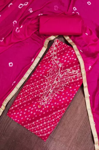 pink unstitched print handwork with bandhani printed dupatta jam dress material