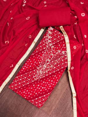 red unstitched print handwork with bandhani printed dupatta jam dress material 4