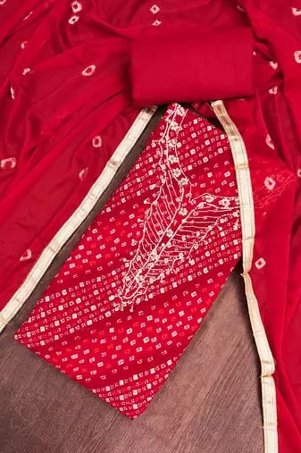 red unstitched print handwork with bandhani printed dupatta jam dress material