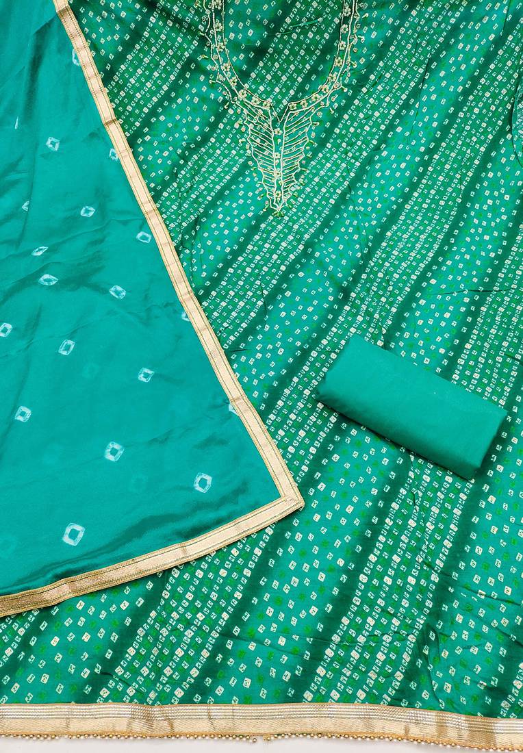 sea green unstitched print handwork with bandhani printed dupatta jam dress material