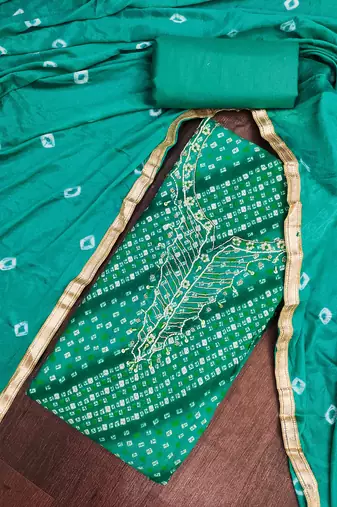 sea green unstitched print handwork with bandhani printed dupatta jam dress material