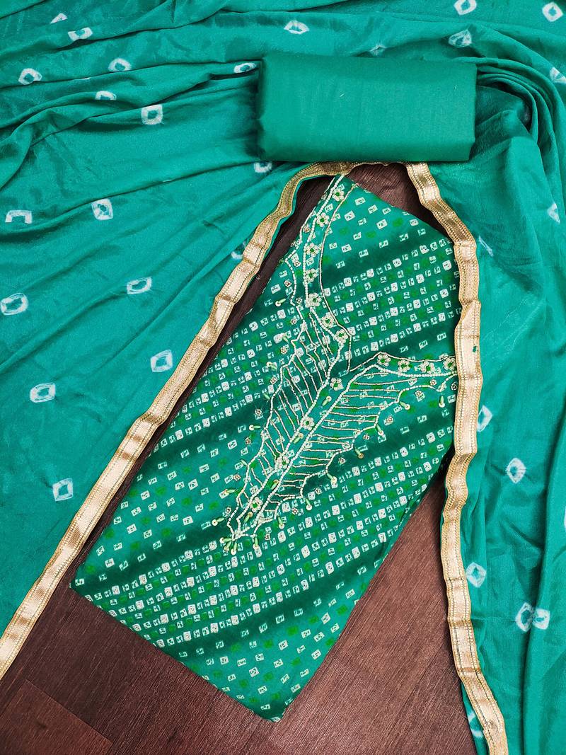 sea green unstitched print handwork with bandhani printed dupatta jam dress material