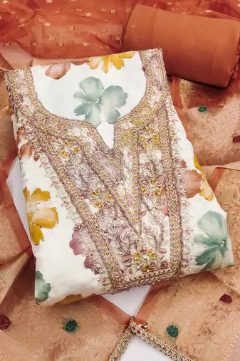multi unstitched print handwork with woven dupatta modal butti chanderi dress material