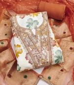 multi unstitched print handwork with woven dupatta modal butti chanderi dress material