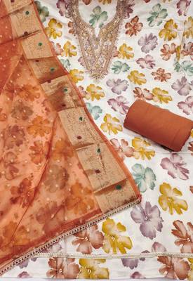 multi unstitched print handwork with woven dupatta modal butti chanderi dress material 2