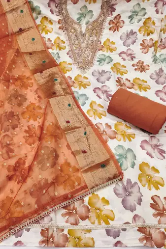 multi unstitched print handwork with woven dupatta modal butti chanderi dress material