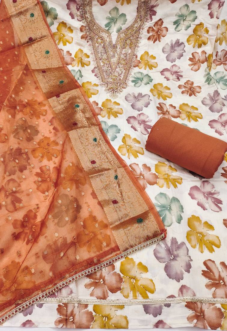 multi unstitched print handwork with woven dupatta modal butti chanderi dress material