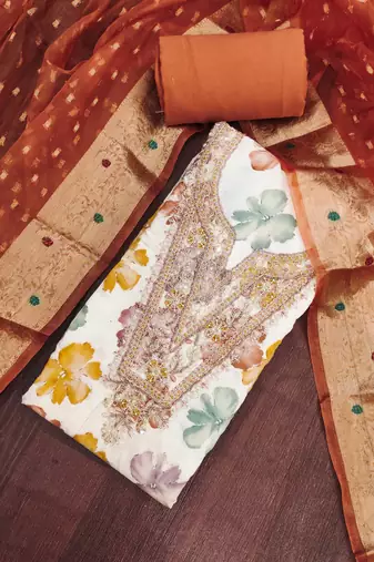 multi unstitched print handwork with woven dupatta modal butti chanderi dress material