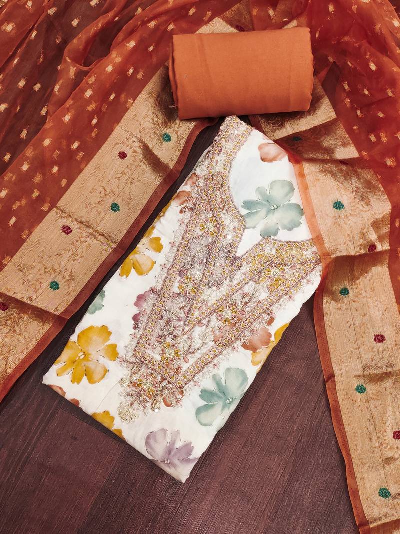 multi unstitched print handwork with woven dupatta modal butti chanderi dress material