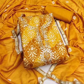 mustard unstitched print handwork with bandhani printed dupatta modal butti chanderi dress material 1