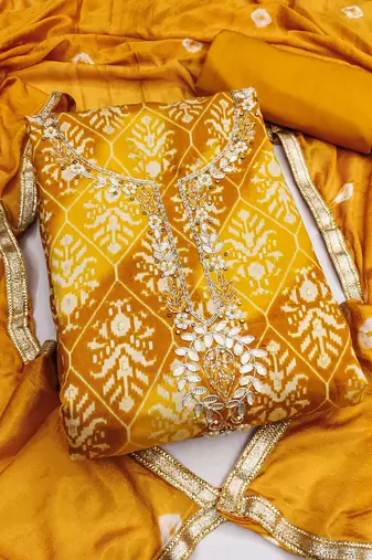 mustard unstitched print handwork with bandhani printed dupatta modal butti chanderi dress material