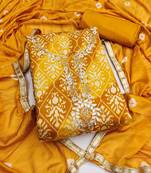 mustard unstitched print handwork with bandhani printed dupatta modal butti chanderi dress material