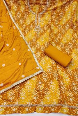 mustard unstitched print handwork with bandhani printed dupatta modal butti chanderi dress material 2