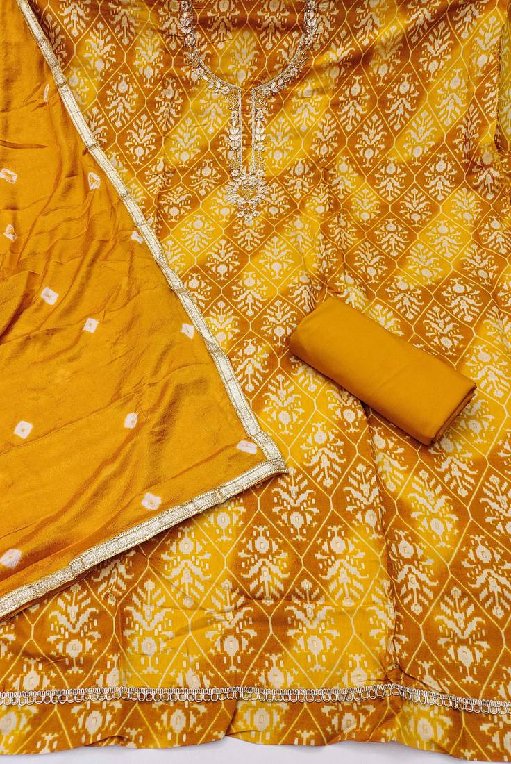 mustard unstitched print handwork with bandhani printed dupatta modal butti chanderi dress material