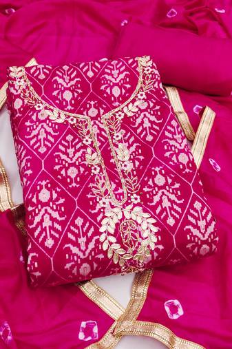 magenta unstitched print handwork with bandhani printed dupatta modal butti chanderi dress material
