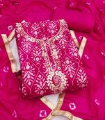 magenta unstitched print handwork with bandhani printed dupatta modal butti chanderi dress material