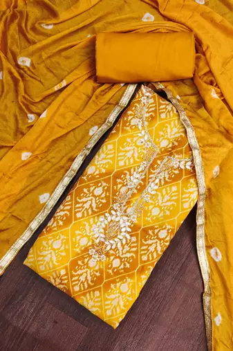 mustard unstitched print handwork with bandhani printed dupatta modal butti chanderi dress material