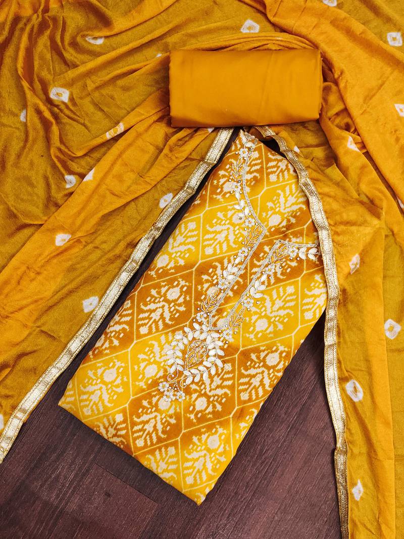 mustard unstitched print handwork with bandhani printed dupatta modal butti chanderi dress material