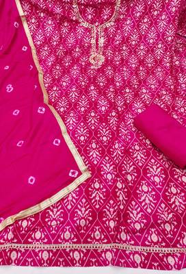 magenta unstitched print handwork with bandhani printed dupatta modal butti chanderi dress material 2