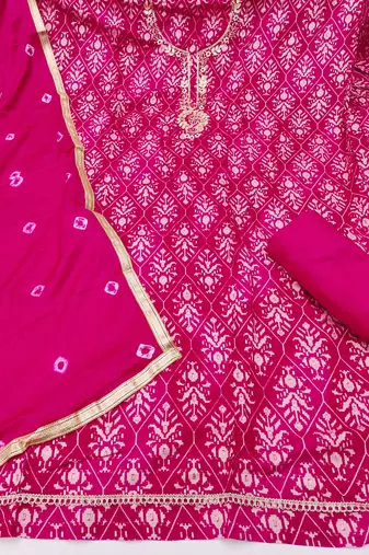 magenta unstitched print handwork with bandhani printed dupatta modal butti chanderi dress material