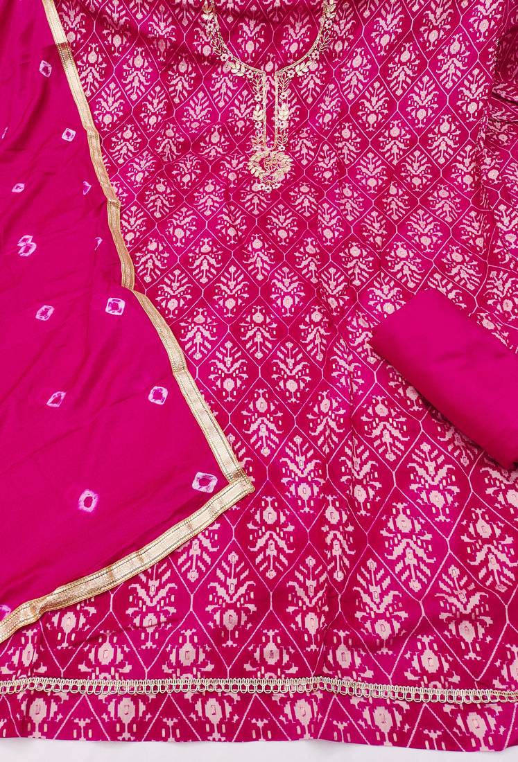 magenta unstitched print handwork with bandhani printed dupatta modal butti chanderi dress material
