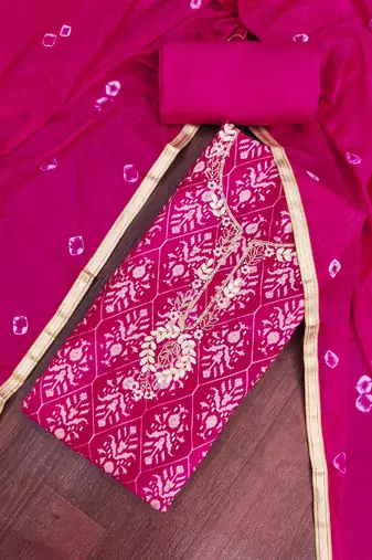 magenta unstitched print handwork with bandhani printed dupatta modal butti chanderi dress material