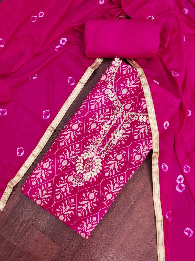 magenta unstitched print handwork with bandhani printed dupatta modal butti chanderi dress material