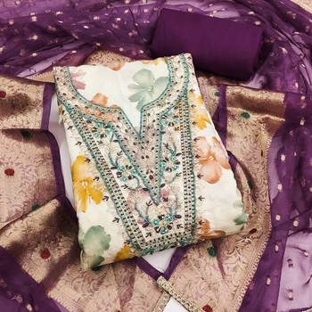 multi unstitched print handwork with woven dupatta modal butti chanderi dress material 1