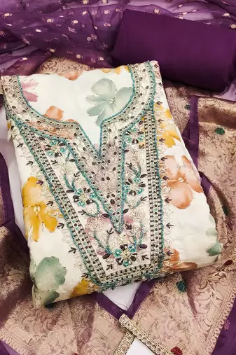 multi unstitched print handwork with woven dupatta modal butti chanderi dress material