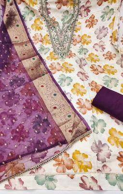 multi unstitched print handwork with woven dupatta modal butti chanderi dress material 2