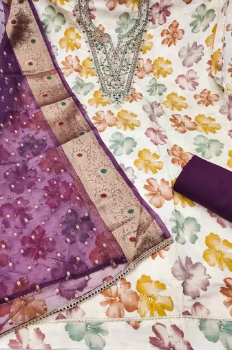 multi unstitched print handwork with woven dupatta modal butti chanderi dress material