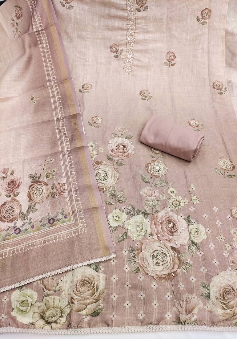 multi unstitched shimmer print handwork with printed dupatta linen dress material