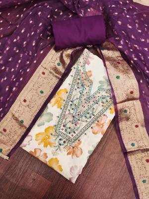 multi unstitched print handwork with woven dupatta modal butti chanderi dress material 4