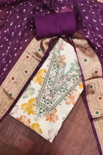 multi unstitched print handwork with woven dupatta modal butti chanderi dress material