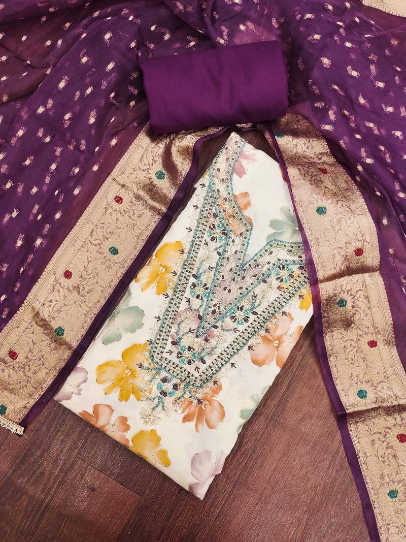 multi unstitched print handwork with woven dupatta modal butti chanderi dress material