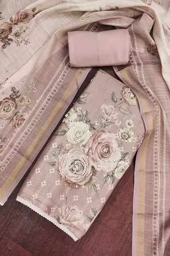 multi unstitched shimmer print handwork with printed dupatta linen dress material