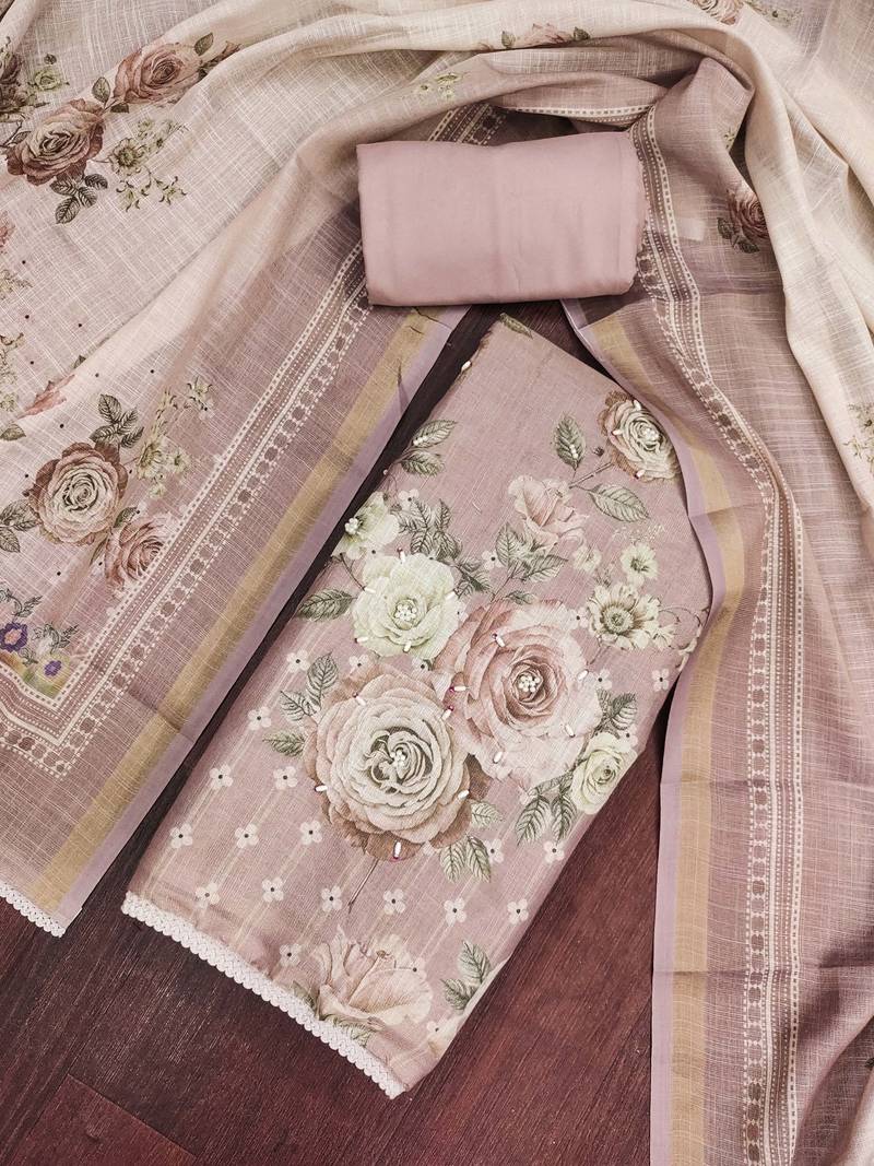 multi unstitched shimmer print handwork with printed dupatta linen dress material