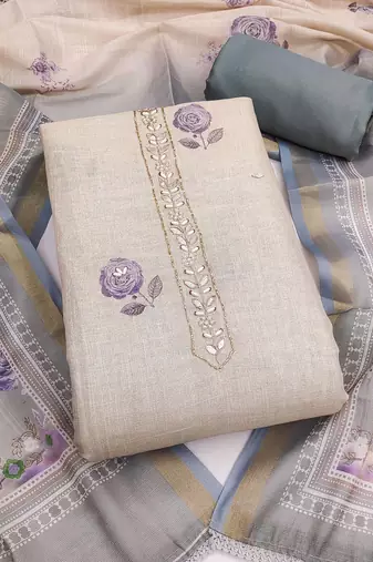 multi unstitched shimmer print handwork with printed dupatta linen dress material