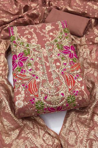 rust unstitched weaving handwork with woven dupatta banarasi modal silk blend dress material