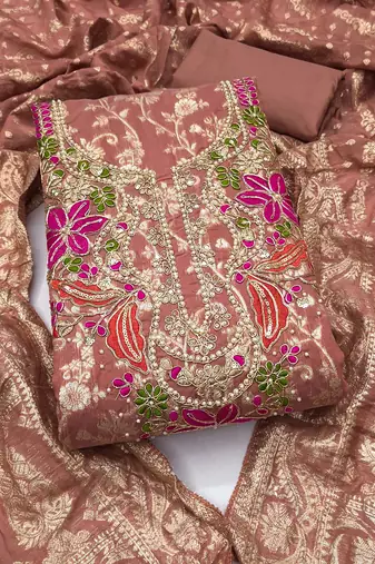 rust unstitched weaving handwork with woven dupatta banarasi modal silk blend dress material