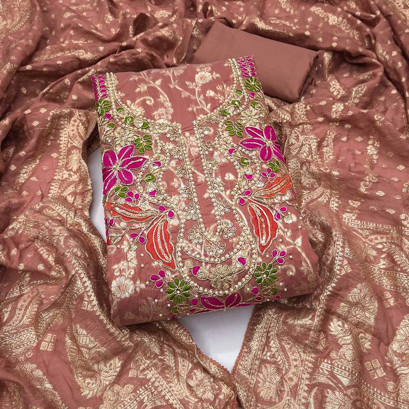 rust unstitched weaving handwork with woven dupatta banarasi modal silk blend dress material