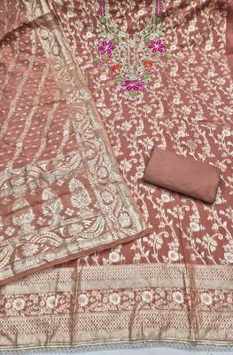 rust unstitched weaving handwork with woven dupatta banarasi modal silk blend dress material 2