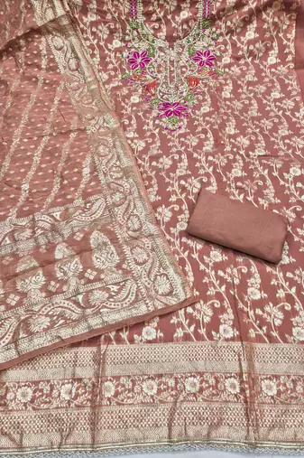 rust unstitched weaving handwork with woven dupatta banarasi modal silk blend dress material