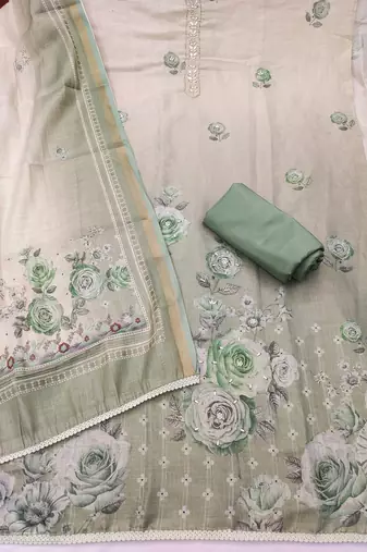 multi unstitched shimmer print handwork with printed dupatta linen dress material