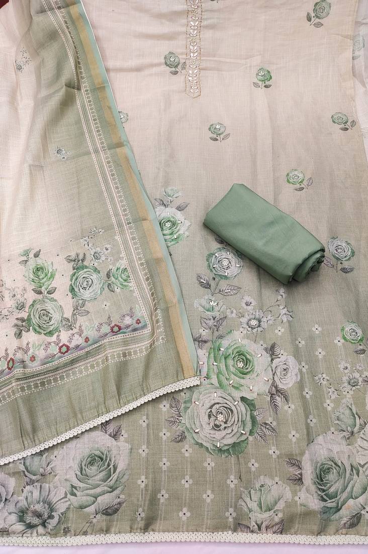 multi unstitched shimmer print handwork with printed dupatta linen dress material
