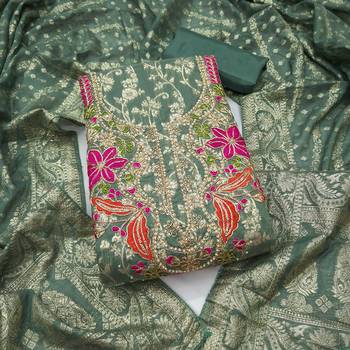 green unstitched weaving handwork with woven dupatta banarasi modal silk blend dress material 1